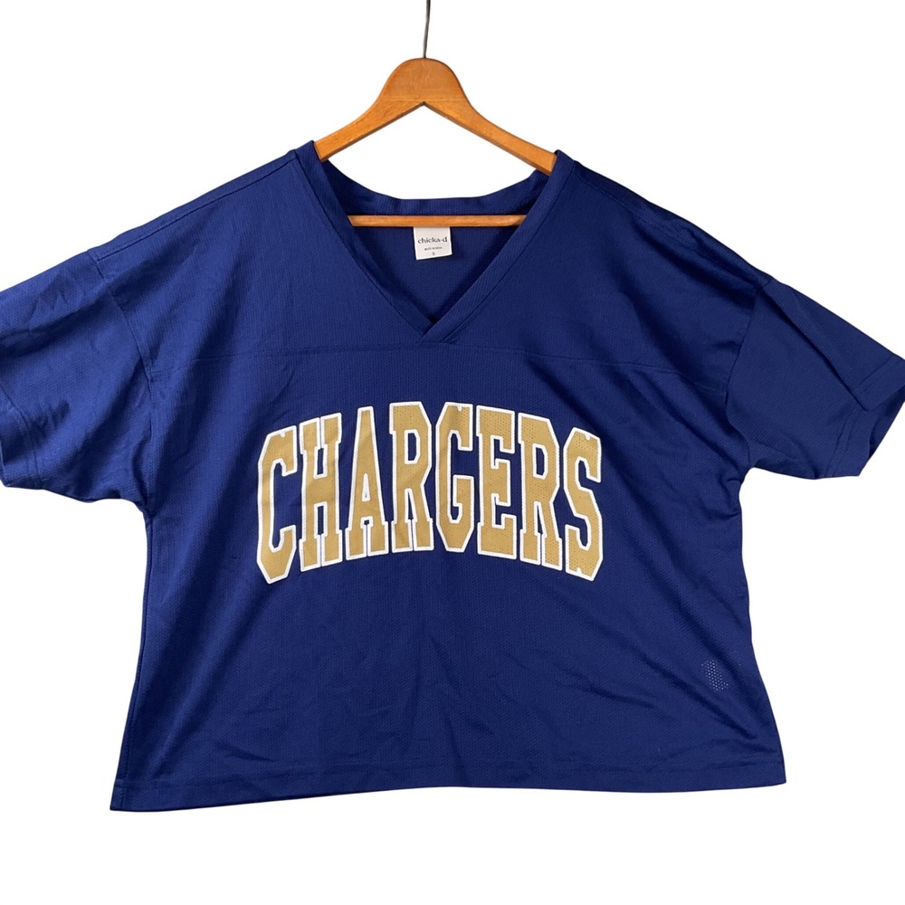 Chicka-d Chargers Jersey Top Womens Small Navy Blue Cropped Mesh V-Neck
